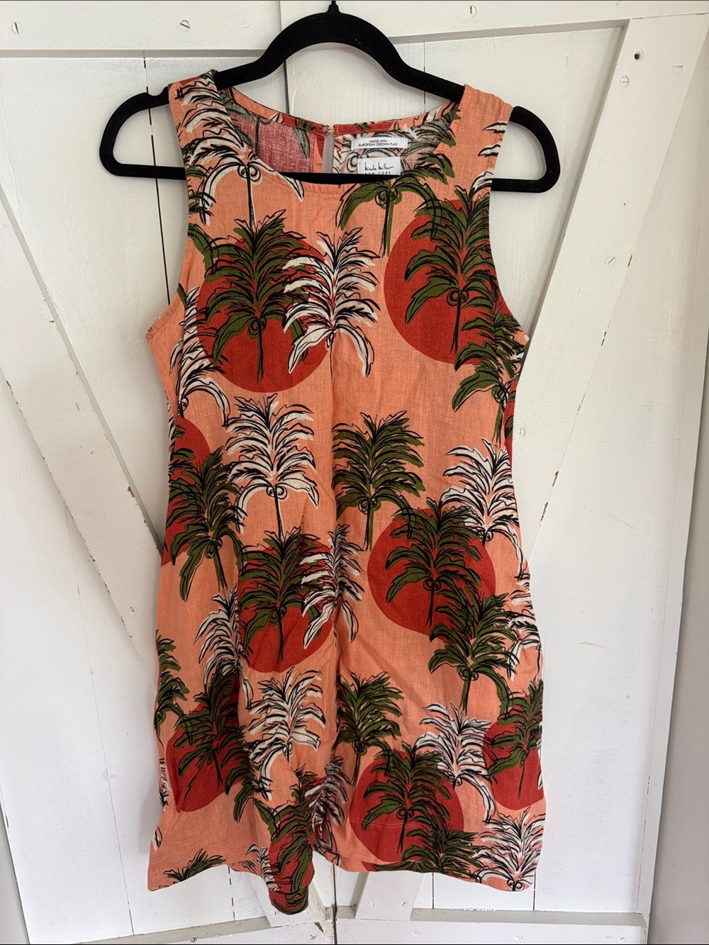 Nicole Miller Linen Peach Dress with Green & Rust Palm Print